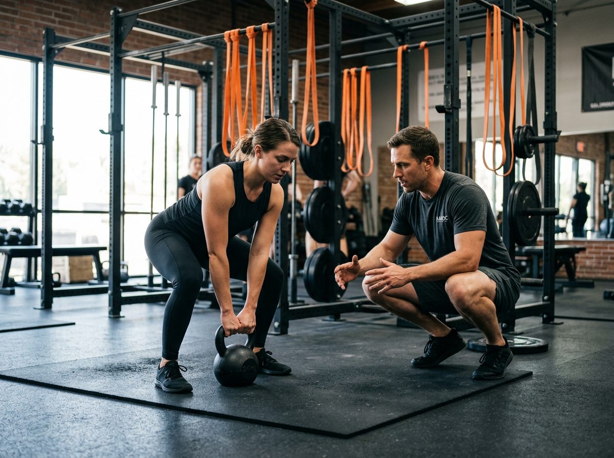 Coach guiding a client through a kettlebell lift at Havoc Strength and Conditioning
