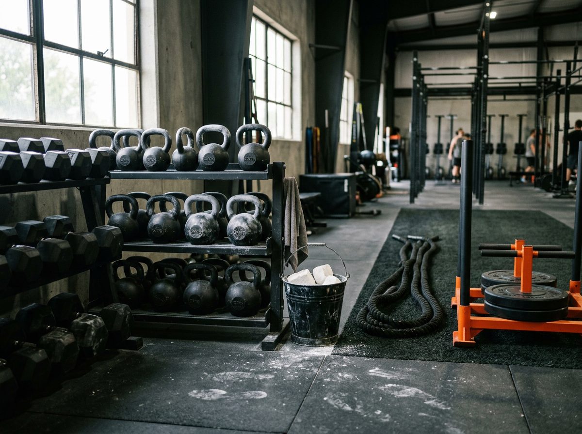 Kettlebells, sled and conditioning equipment on the Havoc training floor